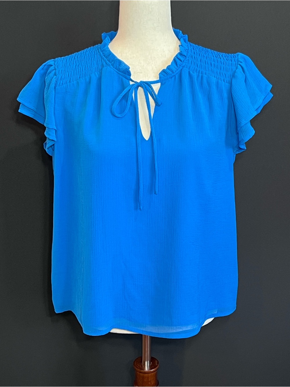 CeCe Bright Cobalt Blue Tie-Neck Flutter Sleeve Blouse (NEW)